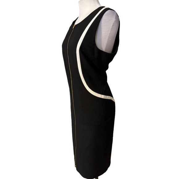 Calvin Klein Sheath Dress 14 Black White Piping Front Zip Sleeveless Career - Picture 4 of 15